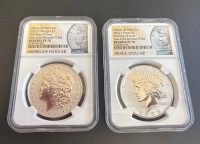 2023-S Morgan and Peace Dollar First Day of Issue Two-Coin Set NGC Reverse PF 70 - Image 1 of 4