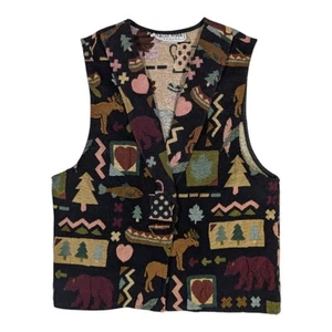 Vtg Eagle River Tapestry Vest Wilderness Camping Folk Art Forest Boho Size 14 - Picture 1 of 7