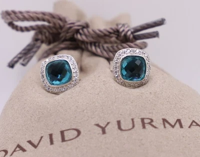 David Yurman Sterling Silver 7mm Albion Earrings Hampton Blue Topaz & Diamonds - Image 1 of 4