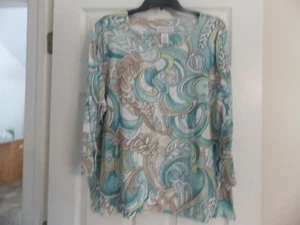 Alfred Dunner Top Size 2X white tan turquoise Sequin Embellish round neckline - Picture 1 of 3