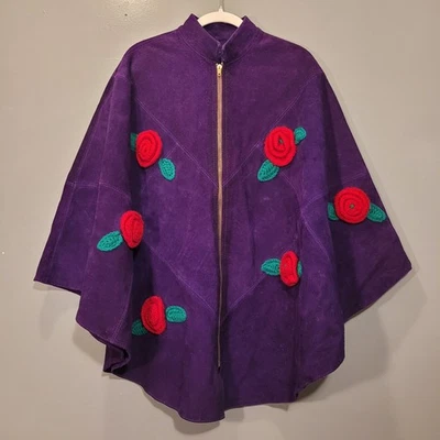 Queen Of The Capes Vintage Leather Suede Cape Crochet Roses, Purple Red Green - Image 1 of 4