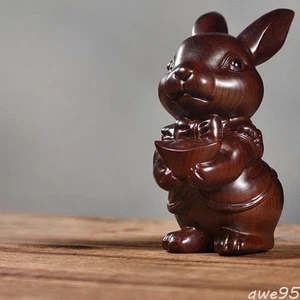12cm Solid Wood Ebony Carving Ornaments Rabbits Living Room Decoration - Picture 1 of 2