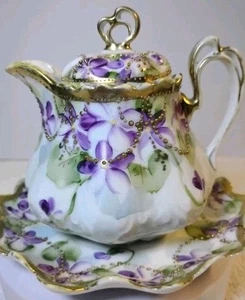 Nippon Porcelain Tea Pot with Matching Underplate, Moriage Beading Violet Floral - Picture 1 of 7