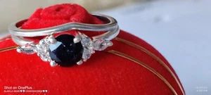 Blue Sandstone Engagement Ring Silver Marquise CZ Accent Unique Promise Jewelry - Picture 1 of 11