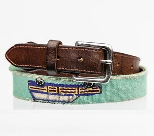 Good Threads Brown leather  turquoise embroidered needlepoint cars belt size 34" - Picture 1 of 6