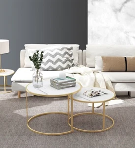 Imitation Marble Nested Coffee Table Round Side Bedside Table Metal Frame 1&2Pcs - Picture 1 of 23