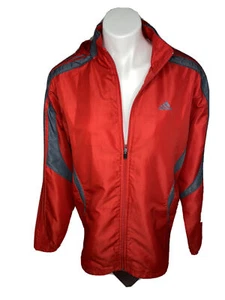 Adidas Jacket Mens Small Full Zip Red/Gray Mesh Lined Hoodie 3 Stripe Activewear - Picture 1 of 12