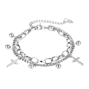 Women Gold Stainless Steel Multi Chain Charm Bracelet Bead Cross Party Strand - Picture 1 of 15