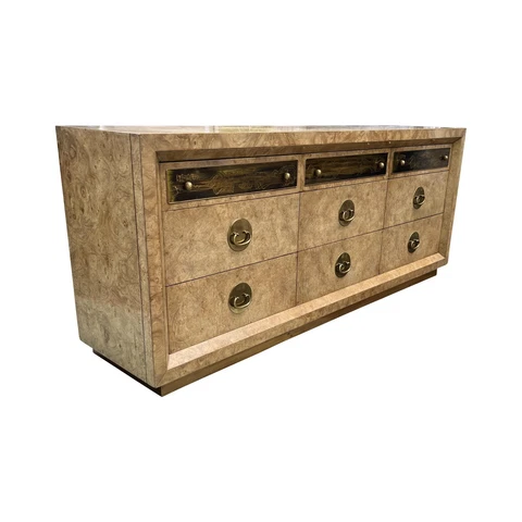 Vintage Mastercraft Bernhard Rohne Tan Acid Etched Brass/Burlwood Front Dresser Cover