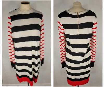 Vestido Suéter Eliza J Grande Manga Larga Cuello Redondo Blanco Rojo Negro Tejido a Rayas Foto 1 de 4
