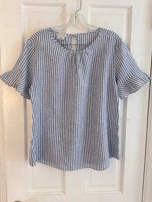 Топ VAN HEUSEN женский размер XL в полоску льняная смесь с оборками короткие рукава синий - Изображение 1 из 4