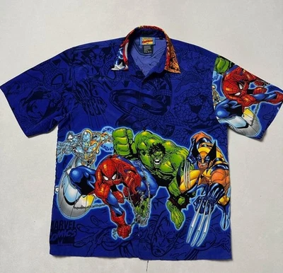 Vintage Y2k Marvel Super Hero All Over Print Button Up Shirt - Image 1 of 4