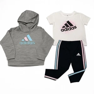 Girl's Adidas 3 Piece Gray Hoodie, white t-shirt, and matching pants size 3T - Picture 1 of 11