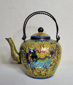 Vintage chinesische Cloisonné Drache Teekanne - gelbe Emaille, markierter Sockel, Qing Stil - Bild 1 von 13