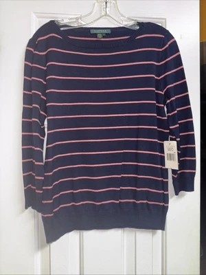 Suéter listrado vintage novo com etiquetas Lauren Ralph Lauren 100% algodão azul marinho/rosa tamanho grande - Imagem 1 de 4