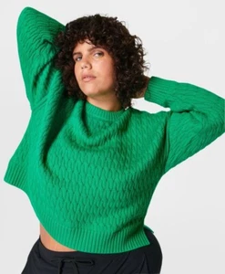 Sweaty Betty Classic Cable Knit Wool Jumper Electro GREEN Sweater Size XXS BNWOT - Picture 1 of 15