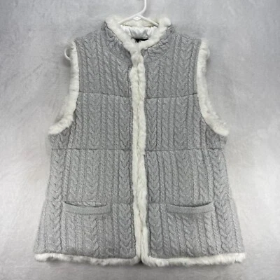 Colete suéter Talbots acabamento de pele sintética bolsos de malha cinza feminino tamanho G - Imagem 1 de 4