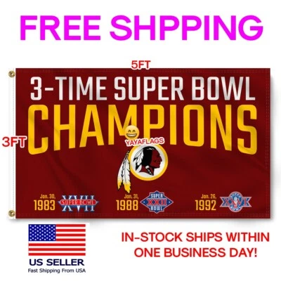 Bandera Redskins 3x5 Washington 3 Time Champions Banner Nuevo Envío Rápido EE. UU. Foto 1 de 4