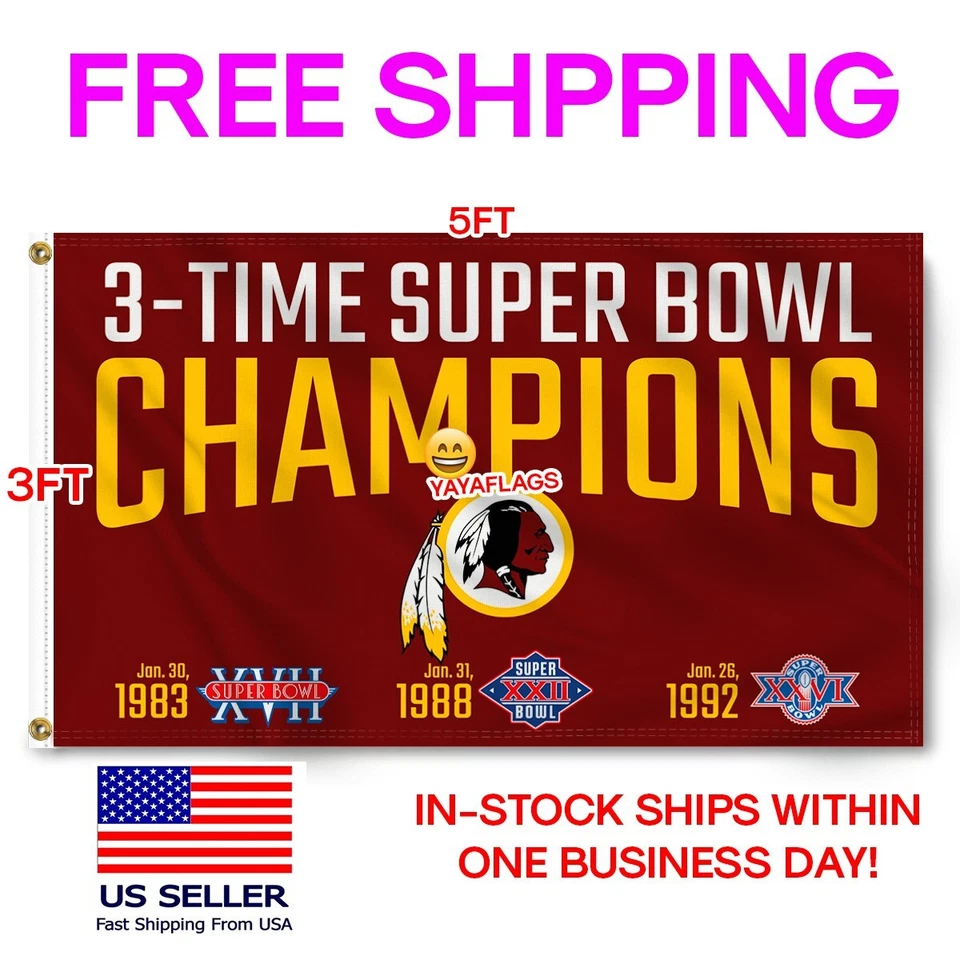 Bandera Redskins 3x5 Washington 3 Time Champions Banner Nuevo Envío Rápido EE. UU. Foto 1 de 4