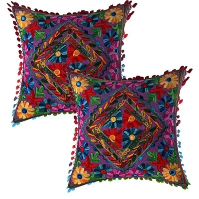 Purple Cotton Woolen Multi -Embroidered Sujnai Floral DesignSquare Pillow,ESham - Image 1 of 4
