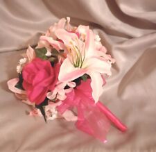 Hot Pink Rose, Stargazer Lily, Ivy Artificial Wedding, Bridal Clutch Bouquet New