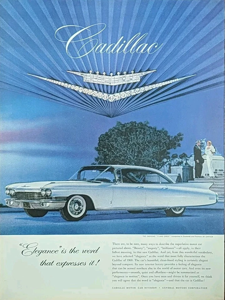 Anuncio impreso de auto Cadillac 1959 vintage Vehículo plateado de 2 puertas. Foto 1 de 1