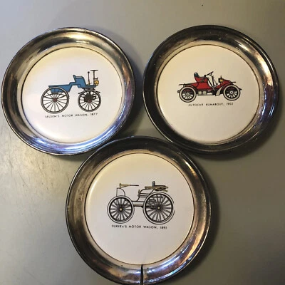 PORCELAIN COASTERS  W/METAL- VINTAGE AUTOS of the USA Set of 3 Americana Coaster - Image 1 of 4