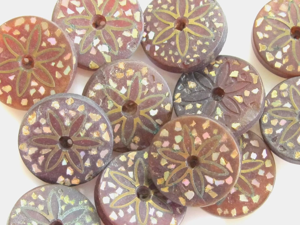 FRENCH ANTIQUE PRESSED HORN BUTTONS W SHELL AND BRASS FLOWER INLAY CAEN FRANCE - Image 1 of 4