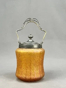Bohemian Kralik Overshot Amber Iridescent Glass 8 1/2" Biscuit Jar c. 1900 - Picture 1 of 17