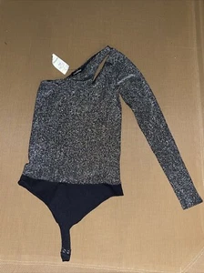 Bebe Womens P/S Assymetric Lurex Bodysuit Silver Sparkle NWT - Picture 1 of 6