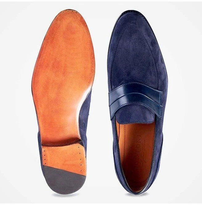 全新 手工制作 海军蓝 麂皮绒 正装 宽条纹 莫卡辛正装鞋 男式 — 第 1/3 张图片