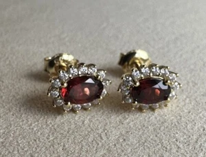 Natural 1.1 Ct Garnet Oval CZ Gold Plated 925 Sterling Silver Earrings - Picture 1 of 12