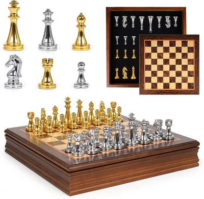 12-Inch Metal Chess Set with Wooden Board for Kids and Adults, Gold & Silver Che - Image 1 of 4