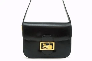 CELINE Vintage Schultertasche Formell Pferdekutsche Logo Schwarzes Leder 3565h - Bild 1 von 11