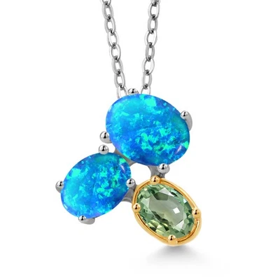 Collar Colgante Plata 925 y Oro Amarillo 10K Ópalo Azul y Zafiro Verde Foto 1 de 4