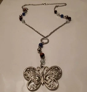 Beautiful Vintage Silvertone Beaded Butterfly Necklace Very Colorful - Picture 1 of 6