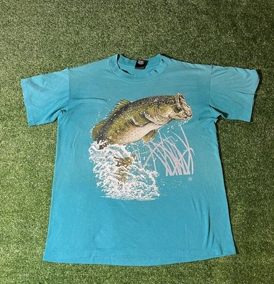 Camiseta gráfica de pesca robalo vintage 1993 platina plus feita nos EUA ponto único grande - Imagem 1 de 4