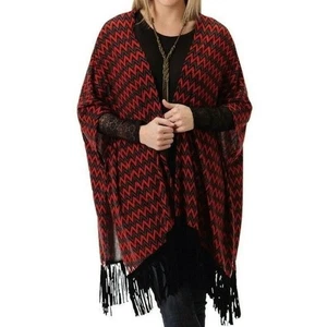 Roper Western Women Fringe Poncho Outwear with Chevron Print Red Size XL - Picture 1 of 10
