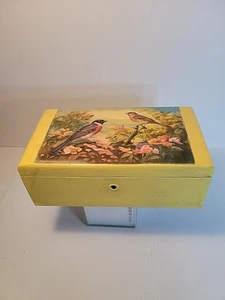 Rustic Painted Cedar Wood Box Yellow Color Decoupage Rice Paper Birds Upcycle  - Picture 1 of 9