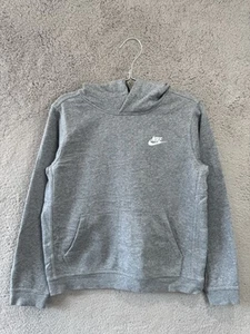 Nike Hoodie Boys Kids Large Grey Swoosh Logo Hooded Pullover Y2K Sweatshirt - Picture 1 of 8