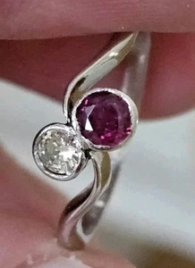 Platin kein 18kt oder 9kt Weißgold Rubin Diamant Ring Art Deco 20er Jahre toi et moi - Bild 1 von 18
