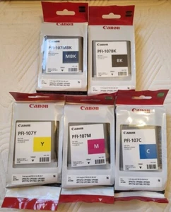 CARTUCCE INCHIOSTRO ORIGINALI CANON PFI-107 (BK/C/M/MBK/Y) - SCADUTE - Foto 1 di 11