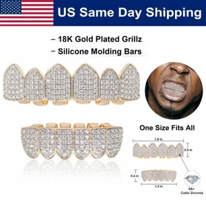 18K Gold Plated Hip-Hop Teeth Grillz Top & Bottom Set Mouth Diamond Grill Custom - Picture 1 of 10