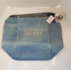 Victorias Secret Denim Tote Large Blue Rose Gold Y2K 2000s Logo Shoulder Bag NWT - Picture 1 of 12