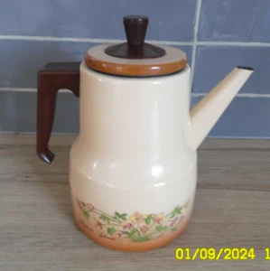 C4/ ANCIENNE CAFETIERE EMAILLEE ET BAKELITE DECOR DE FLEURS....HAUTEUR 20CM TTBE - Picture 1 of 10