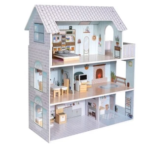 Large Wooden 11pcs Doll House Kit Play Dollhouse Mansion Furniture - Zdjęcie 1 z 12