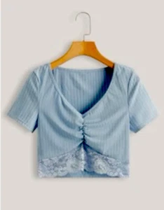 Women L (US 8-10) = Junior XXL Light Blue Sexy Crop Top Stretch Soft Lace Hem - Picture 1 of 8