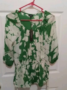 New TALBOTS Womens Tunic Green Floral V-Neck 3/4 Sleeve Flowy Blouse 4 Petite - Picture 1 of 4