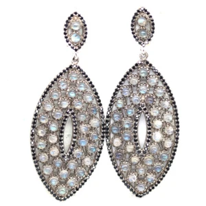 925 Silver 3 MM. White Blue Rainbow Moonstone & Black Spinel Two Tone Earrings - Picture 1 of 4