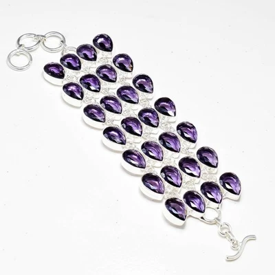 Purple Amethyst  Gemstone 925 Sterling Silver Jewelry Handmade Chain Bracelet - Image 1 of 4